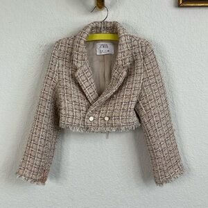 Zara Kids Girls Tweed Fringe Button Front Cross Over Jacket Blazer